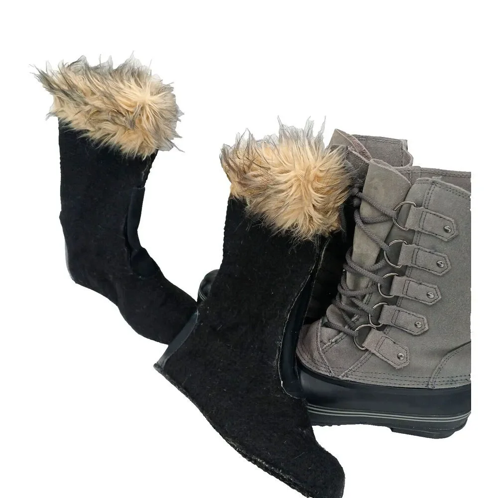 Eddie Bauer Hunt Pac Deluxe Winter Boots Women's 7 Gray Suede Fur Trim Insulated